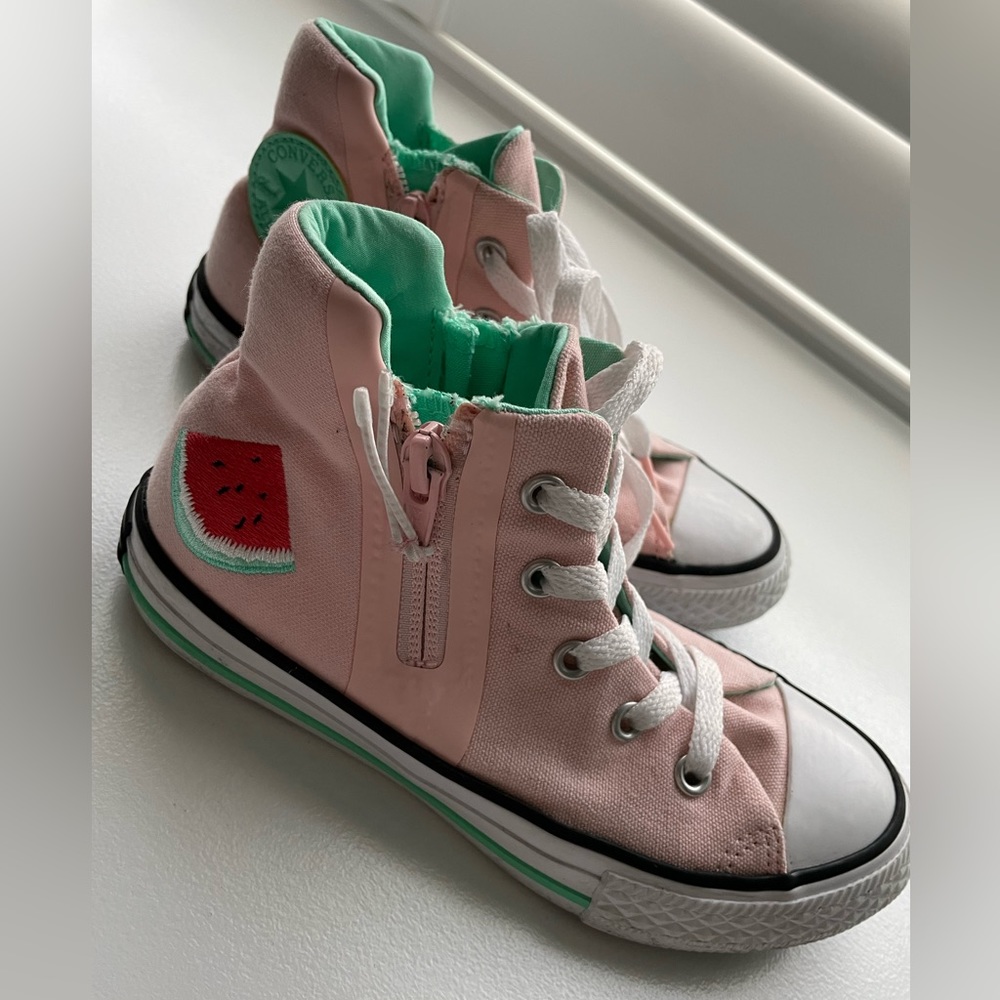 Little Girl Size 13 Light Pink with Watermelons Converse sneakers.